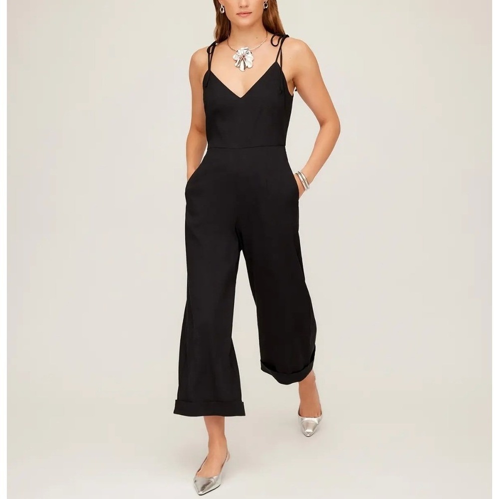Fifteen Twenty Women's Black Dana Cropped Wide Leg Jumpsuit Linen Blend